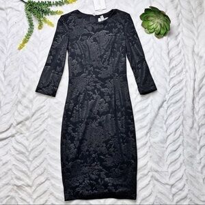 Belle Badgley Mischka Black Metallic Jacquard Long Sleeve Midi Hillary Dress NWT